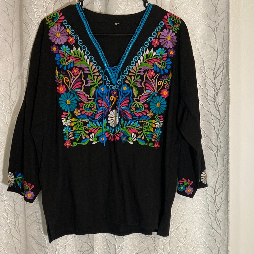 Embellished Black and Blue Blouse with Intricate Embroidery